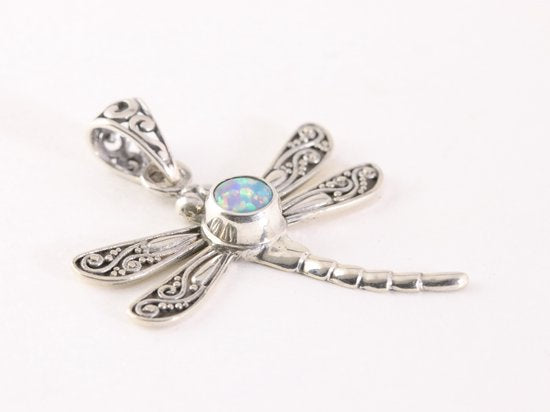 Zilveren libelle hanger met Australische opaal aan vossenstaart ketting afbeelding 2