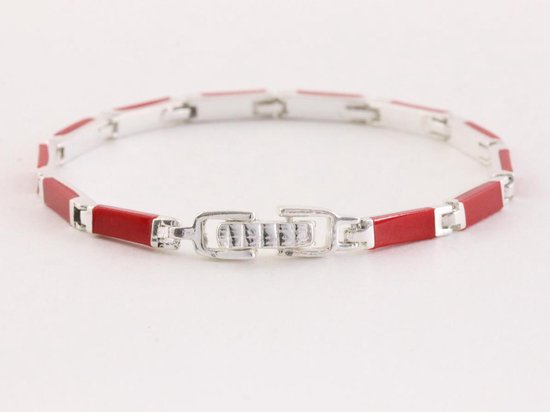 Zilveren schakelarmband met rode koraal steen afbeelding 3