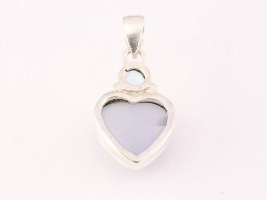 Hartvormige zilveren hanger met aqua chalcedoon en blauwe topaas afbeelding 3