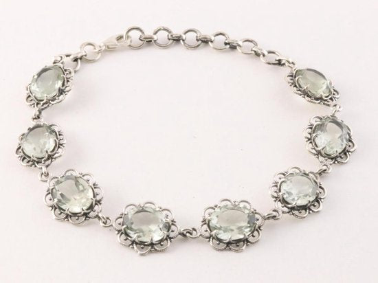 Bewerkte zilveren schakelarmband met groene amethist afbeelding 1