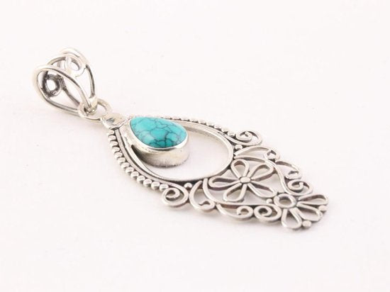 Fijne lange opengewerkte zilveren hanger met turkoois afbeelding 2