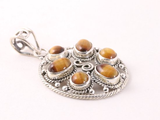 Grote opengewerkte zilveren hanger met tijgeroog afbeelding 2