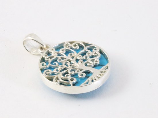 Fijne ronde zilveren hanger met levensboom op blauwe turkoois afbeelding 2
