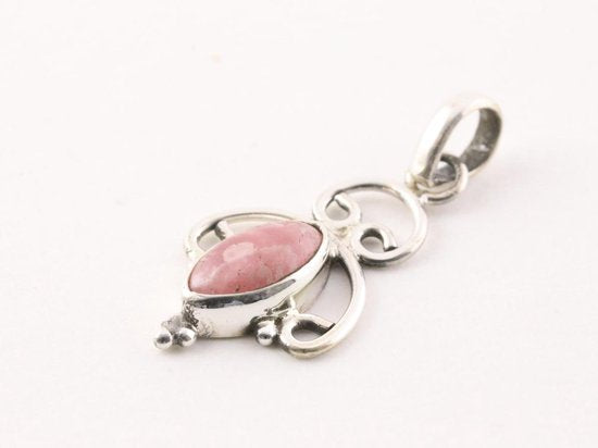 Fijne opengewerkte zilveren hanger met rhodochrosiet aan ketting afbeelding 2