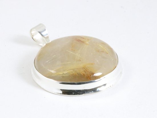 Ronde hoogglans zilveren hanger met gouden rutielkwarts aan ketting afbeelding 2