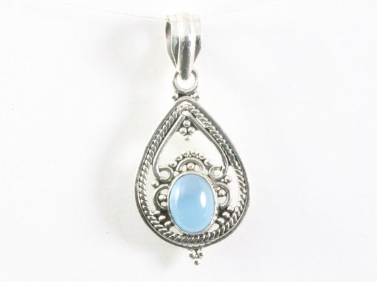 Opengewerkte zilveren hanger met blauwe chalcedoon afbeelding 4