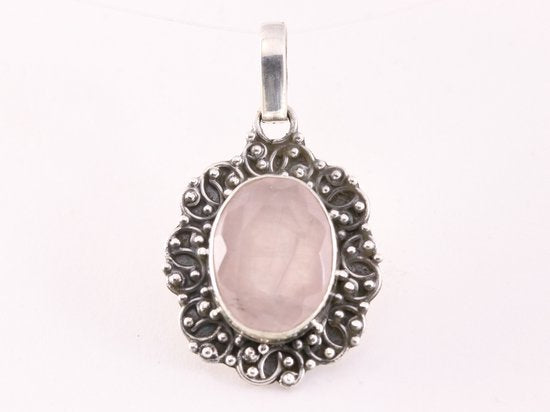 Bewerkte zilveren hanger met rozenkwarts afbeelding 4