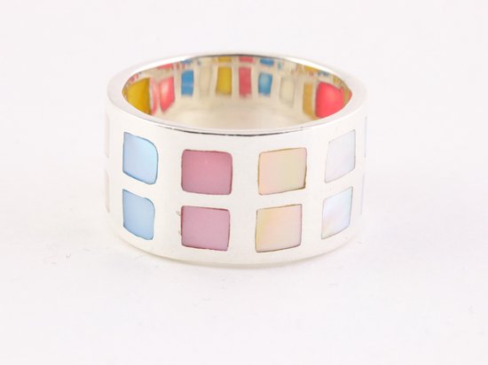 Brede zilveren ring met veelkleurige schelp afbeelding 1