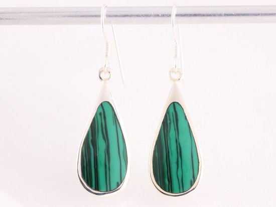 Grote druppelvormige zilveren oorbellen met malachiet afbeelding 4