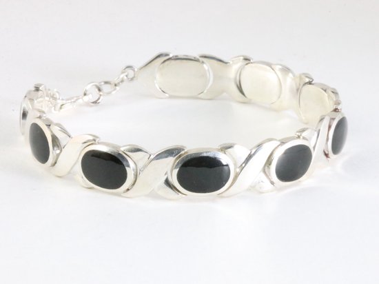 Zware hoogglans zilveren armband met onyx afbeelding 2