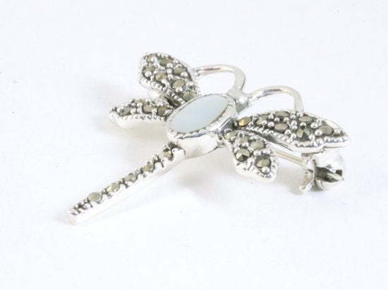 Zilveren libelle broche met parelmoer afbeelding 2