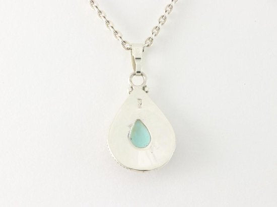 Druppelvormige zilveren hanger met groene turkoois aan ketting afbeelding 3