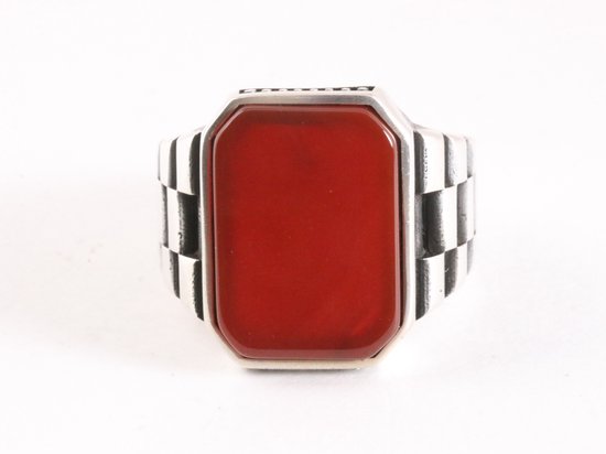 Bewerkte zilveren herenring met rode agaat afbeelding 4