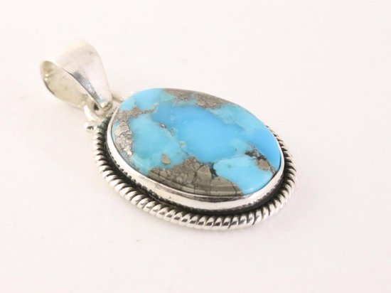 Bewerkte zilveren hanger met blauwe Mohave turkoois afbeelding 2