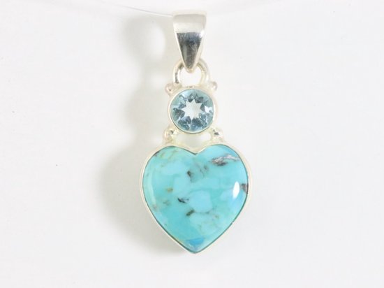 Hartvormige zilveren hanger met Arizona turkoois en blauwe topaas afbeelding 4
