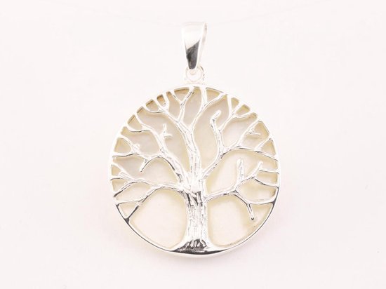 Ronde zilveren hanger met levensboom op parelmoer afbeelding 4