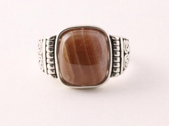 Zware bewerkte zilveren herenring met bruine rhodochrosiet afbeelding 4
