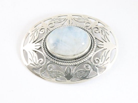 Grote opengewerkte zilveren broche met regenboog maansteen afbeelding 1