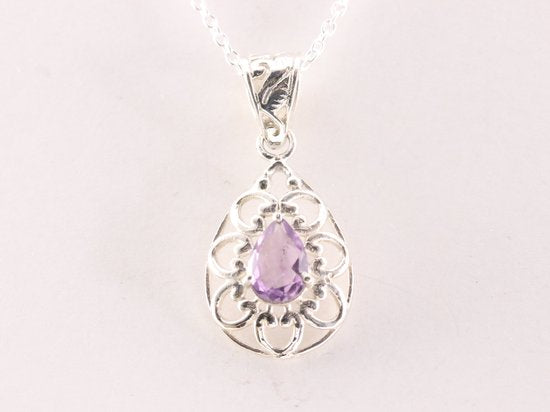 Opengewerkte druppelvormige zilveren hanger met amethist aan ketting afbeelding 4