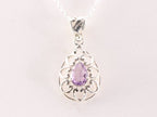 Opengewerkte druppelvormige zilveren hanger met amethist aan ketting afbeelding 4