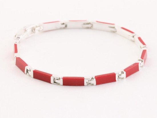 Zilveren schakelarmband met rode koraal steen afbeelding 2