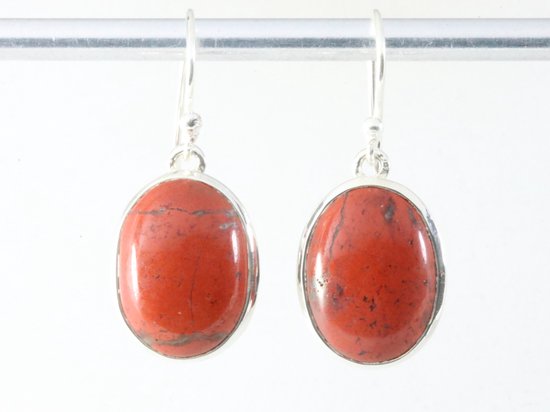 Ovale hoogglans zilveren oorbellen met rode jaspis afbeelding 4