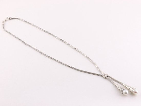 Traditionele bewerkte zilveren vossenstaart ketting met witte zoetwater parels afbeelding 2