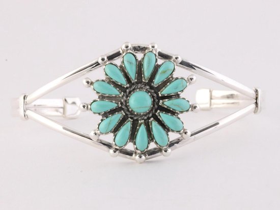 Opengewerkte zilveren klemarmband met groene turkoois bloem afbeelding 1