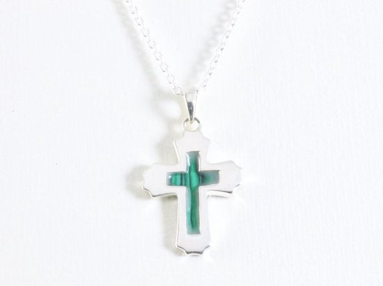 Zilveren kruishanger met malachiet aan ketting afbeelding 3