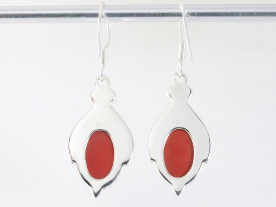 Bewerkte zilveren oorbellen met rode koraal steen afbeelding 3