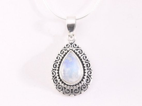 Bewerkte druppelvormige zilveren hanger met regenboog maansteen aan ketting afbeelding 4