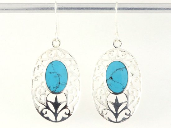 Grote opengewerkte zilveren oorbellen met blauwe turkoois afbeelding 1