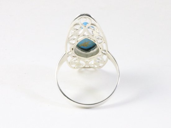 Langwerpige opengewerkte zilveren ring met blauwe turkoois afbeelding 3