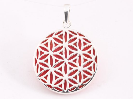 Ronde zilveren hanger met levensbloem op rode koraal steen afbeelding 1