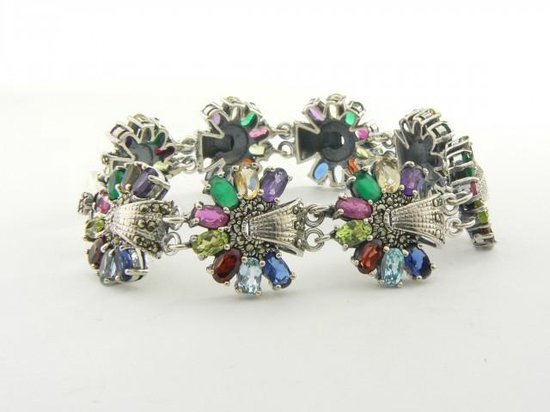Zilveren bloemvormige tennisarmband met multi color edelstenen en marcasiet afbeelding 5