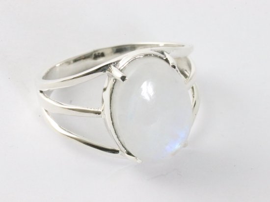 Opengewerkte zilveren ring met regenboog maansteen afbeelding 1