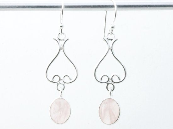 Lange opengewerkte zilveren oorbellen met rozenkwarts afbeelding 1