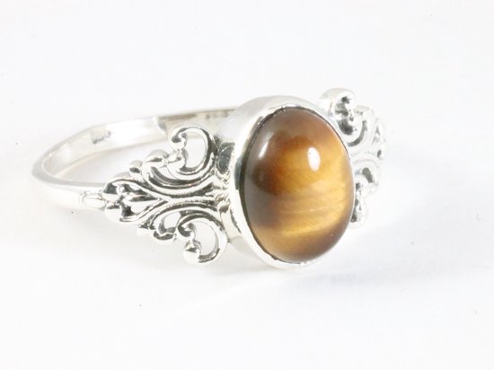 Fijne bewerkte zilveren ring met tijgeroog afbeelding 1