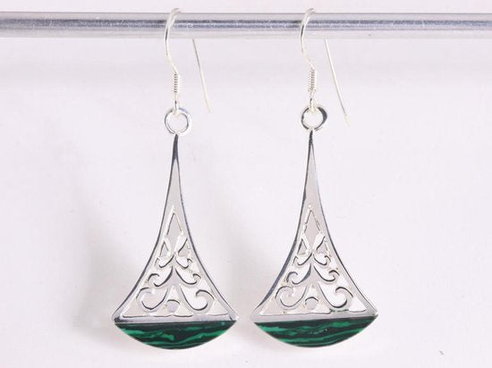 Lange opengewerkte zilveren oorbellen met malachiet afbeelding 4