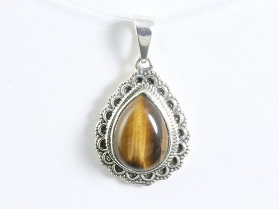 Bewerkte druppelvormige zilveren hanger met tijgeroog afbeelding 4
