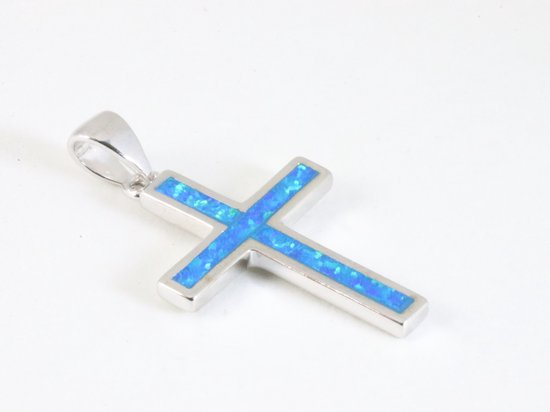 Fijne zilveren kruishanger met Australische opaal aan ketting afbeelding 2