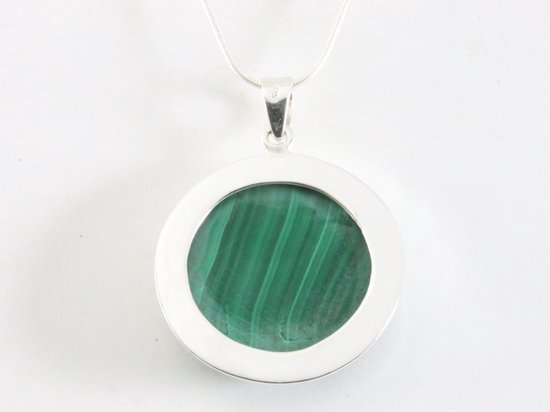 Ronde hoogglans zilveren hanger met malachiet aan ketting afbeelding 3