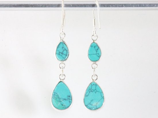 Fijne lange zilveren oorbellen met turkoois afbeelding 3