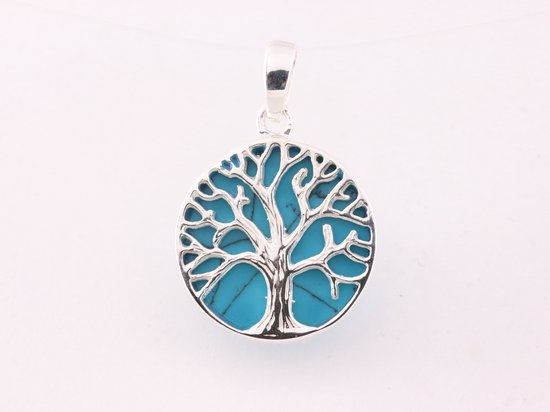Fijne ronde zilveren hanger met levensboom op blauwe turkoois afbeelding 4