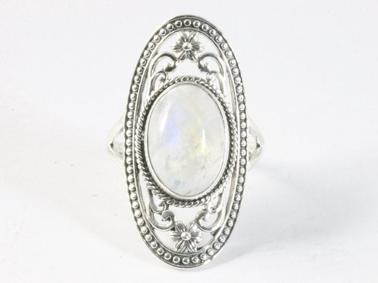 Langwerpige opengewerkte zilveren ring met regenboog maansteen afbeelding 4