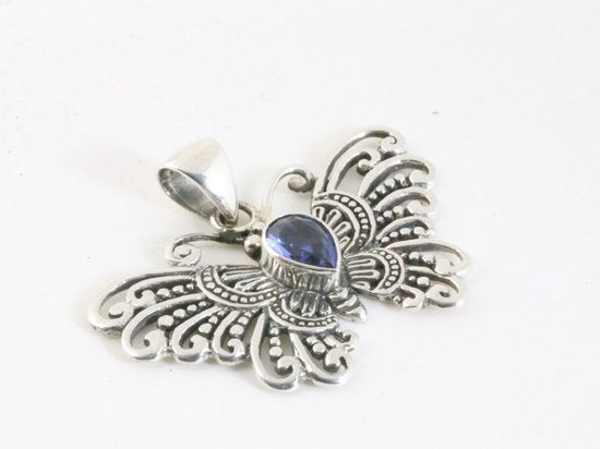 Zilveren vlinder hanger met blauwe saffier afbeelding 2