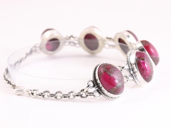Zware bewerkte zilveren armband met grote rode koperturkoois stenen afbeelding 3