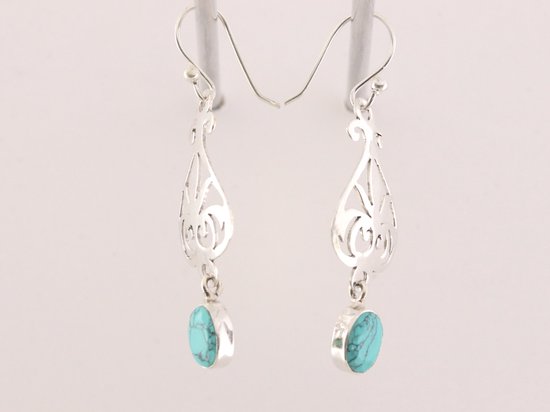 Lange opengewerkte zilveren oorbellen met turkoois afbeelding 2