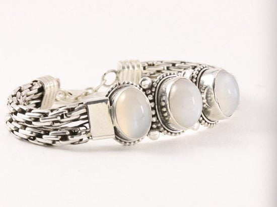 Zware gevlochten zilveren armband met witte agaat afbeelding 2