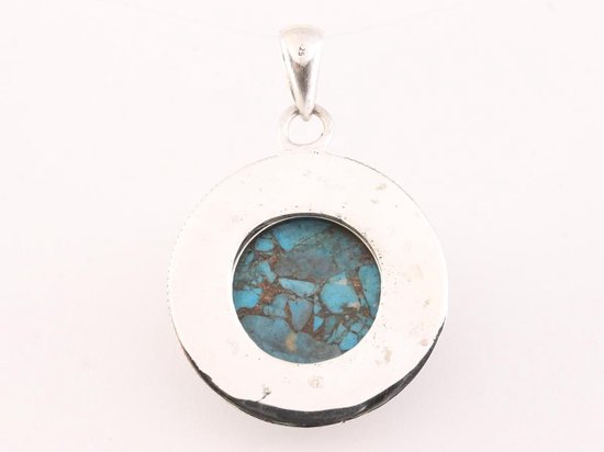 Bewerkte ronde zilveren hanger met blauwe koperturkoois afbeelding 3